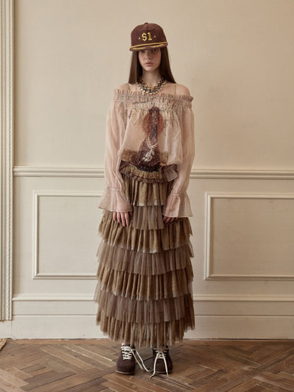 Dog Love One-Shoulder Print Slightly Transparent Chiffon Shirt【s0000015642】