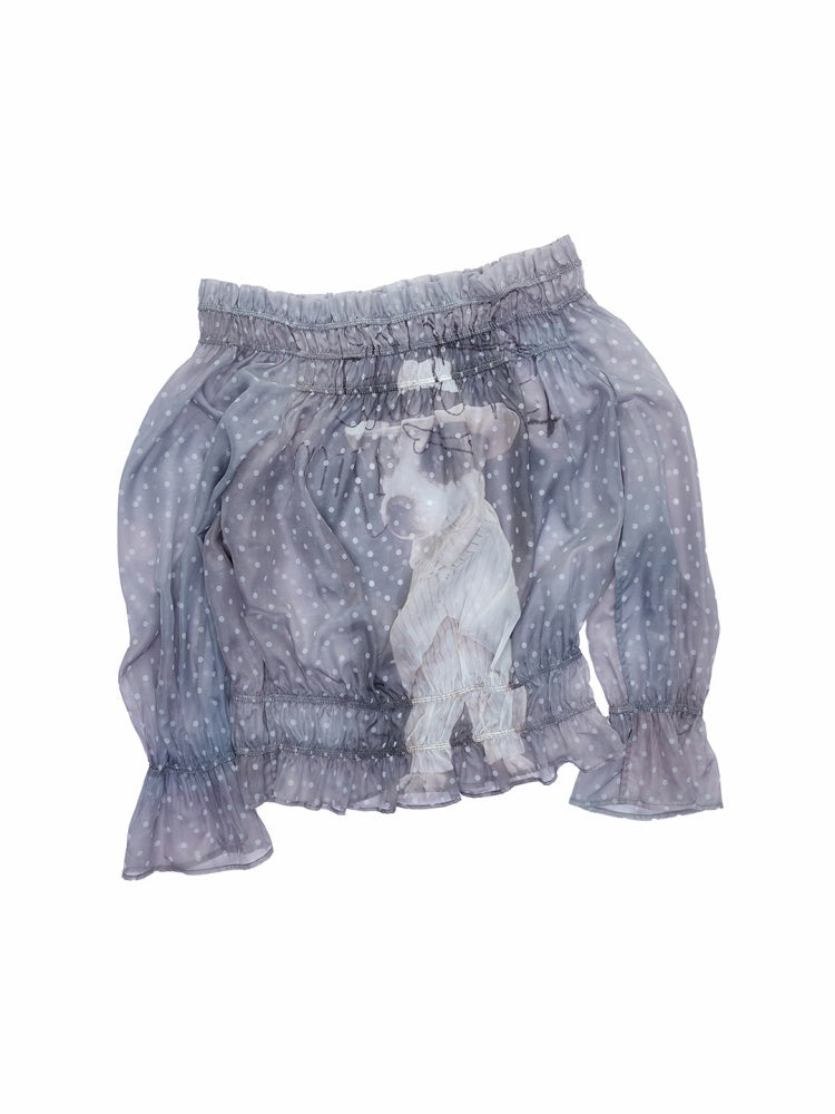 Dog Love One-Shoulder Print Slightly Transparent Chiffon Shirt【s0000015642】