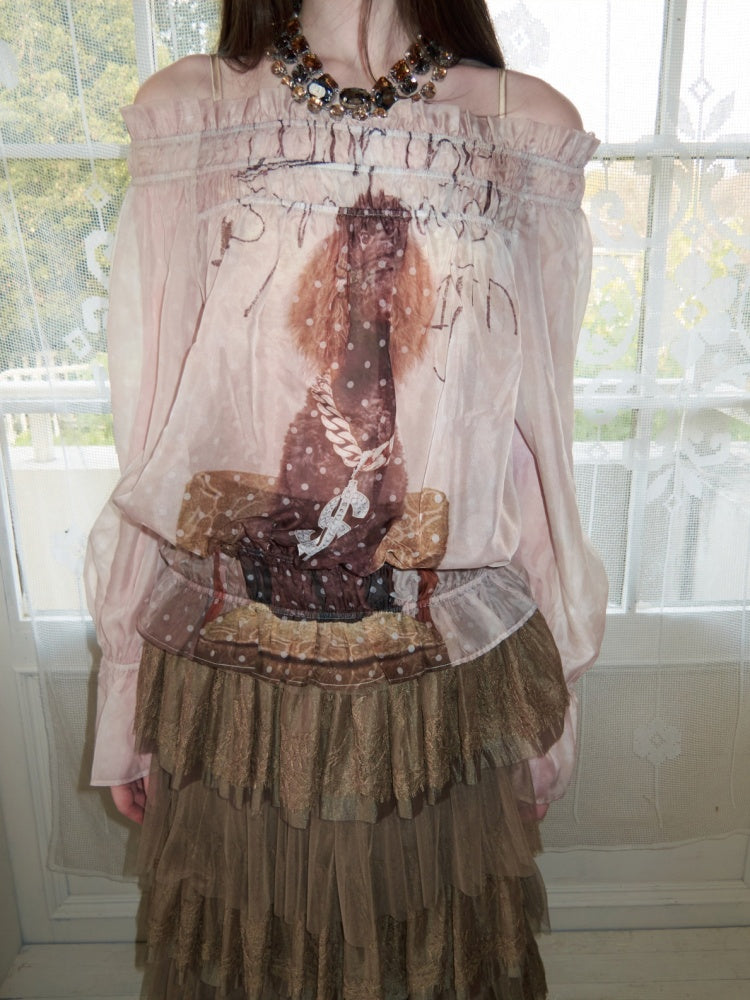 Dog Love One-Shoulder Print Slightly Transparent Chiffon Shirt【s0000015642】