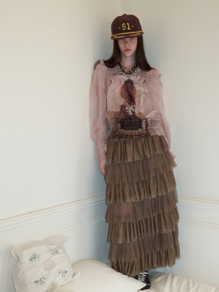 Dog Love One-Shoulder Print Slightly Transparent Chiffon Shirt【s0000015642】