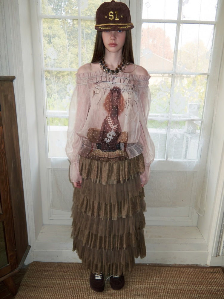 Dog Love One-Shoulder Print Slightly Transparent Chiffon Shirt【s0000015642】