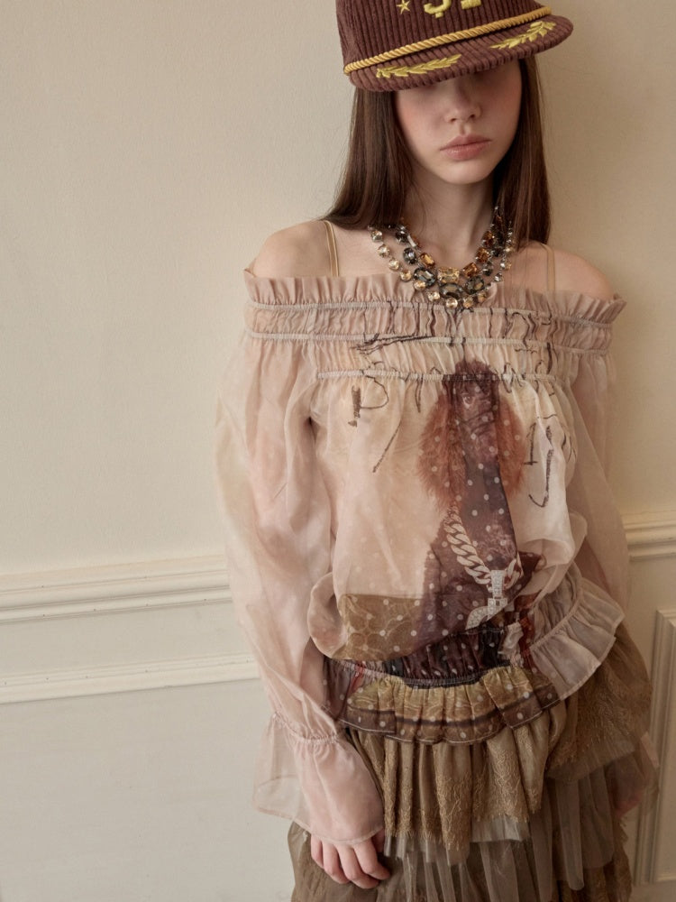Dog Love One-Shoulder Print Slightly Transparent Chiffon Shirt【s0000015642】