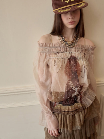 Dog Love One-Shoulder Print Slightly Transparent Chiffon Shirt【s0000015642】