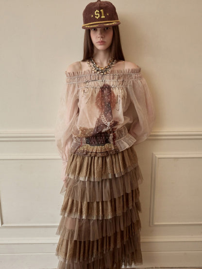 Dog Love One-Shoulder Print Slightly Transparent Chiffon Shirt【s0000015642】