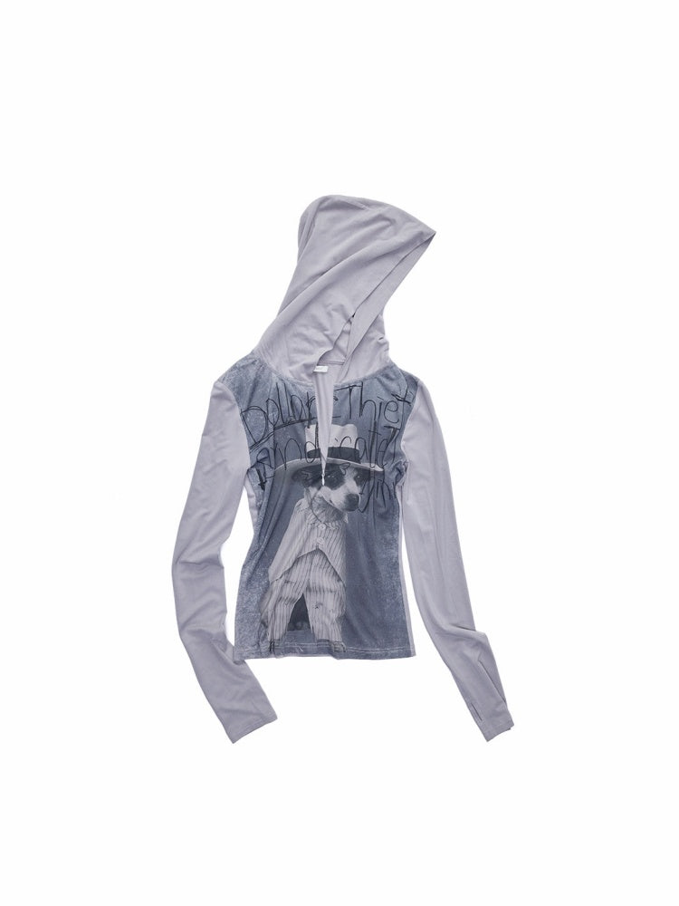 Dog Love Letter Print Hooded Zipper Long Sleeve T-Shirt【s0000015643】