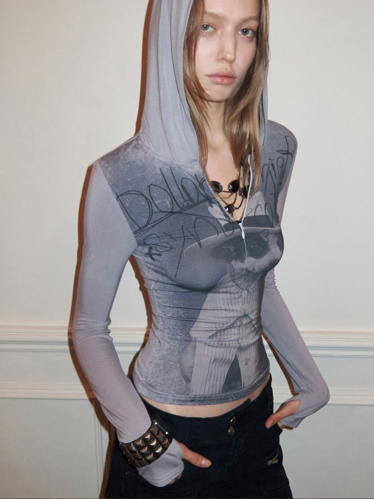 Dog Love Letter Print Hooded Zipper Long Sleeve T-Shirt【s0000015643】