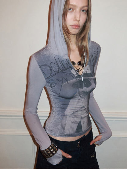 Dog Love Letter Print Hooded Zipper Long Sleeve T-Shirt【s0000015643】