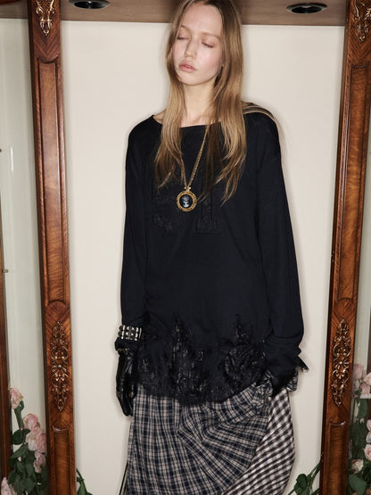 Applique Embroidered Hem Lace Paneled T-Shirt【s0000015644】