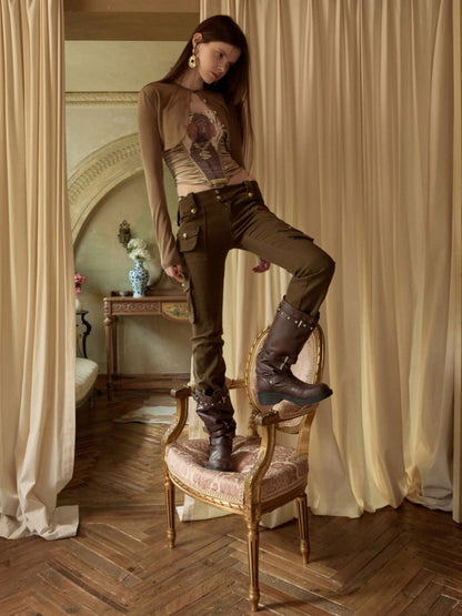 Distressed Multilayer Metal Lace-Strap Rivet Knight Boots【s0000015645】