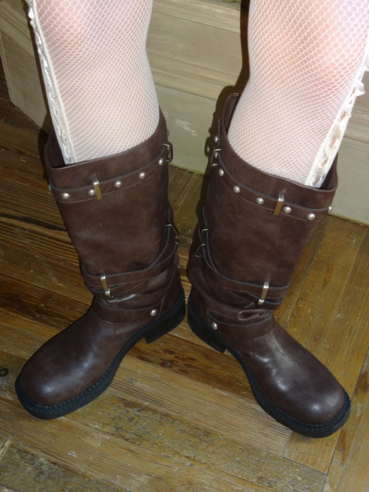 Distressed Multilayer Metal Lace-Strap Rivet Knight Boots【s0000015645】