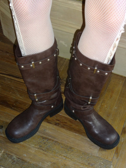 Distressed Multilayer Metal Lace-Strap Rivet Knight Boots【s0000015645】
