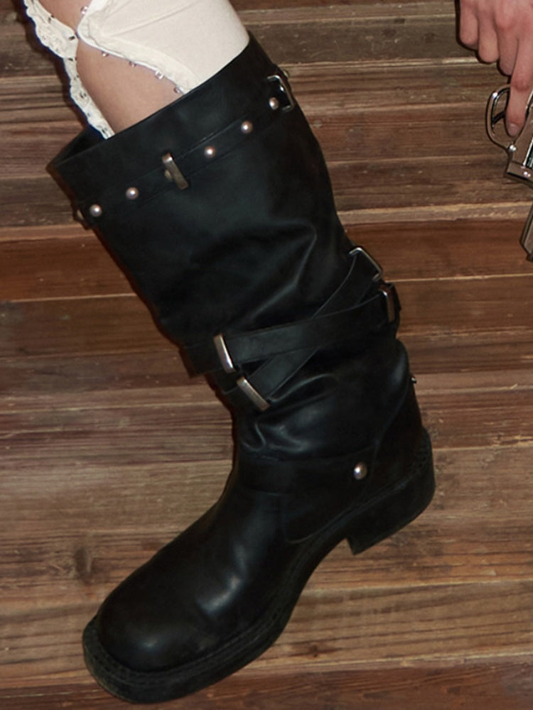 Distressed Multilayer Metal Lace-Strap Rivet Knight Boots【s0000015645】