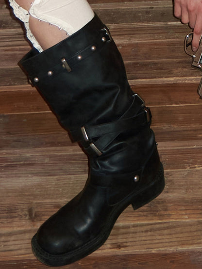 Distressed Multilayer Metal Lace-Strap Rivet Knight Boots【s0000015645】