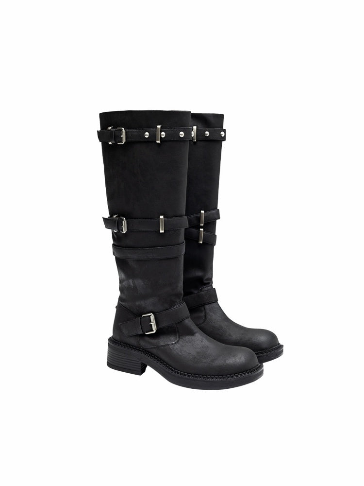 Distressed Multilayer Metal Lace-Strap Rivet Knight Boots【s0000015645】