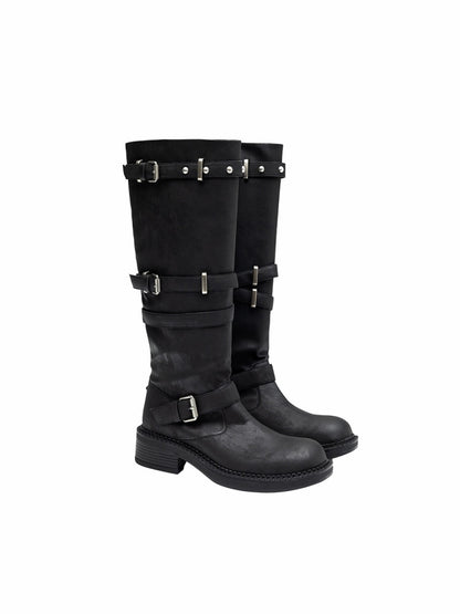 Distressed Multilayer Metal Lace-Strap Rivet Knight Boots【s0000015645】