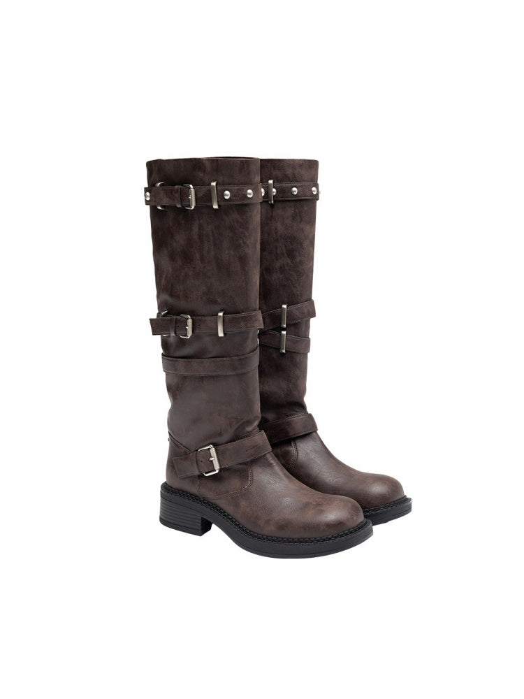 Distressed Multilayer Metal Lace-Strap Rivet Knight Boots【s0000015645】
