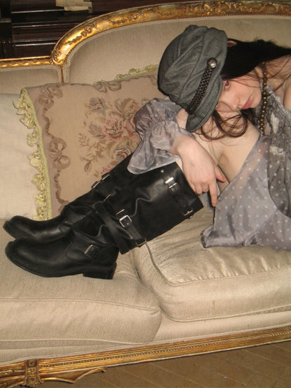 Distressed Multilayer Metal Lace-Strap Rivet Knight Boots【s0000015645】