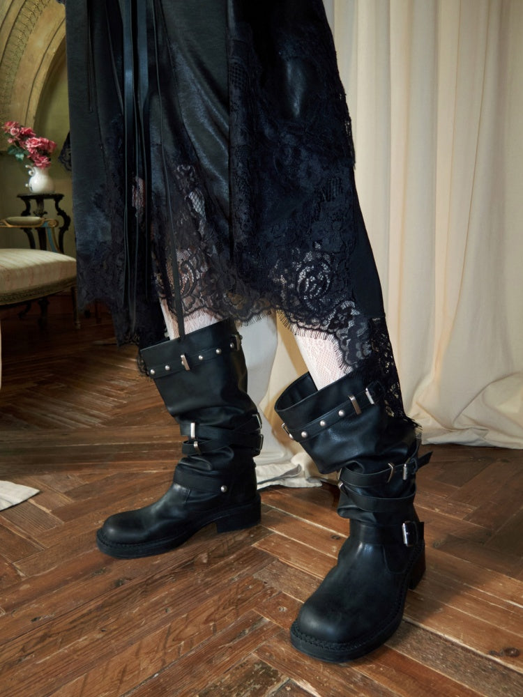 Distressed Multilayer Metal Lace-Strap Rivet Knight Boots【s0000015645】