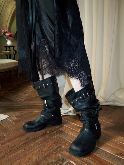 Distressed Multilayer Metal Lace-Strap Rivet Knight Boots【s0000015645】