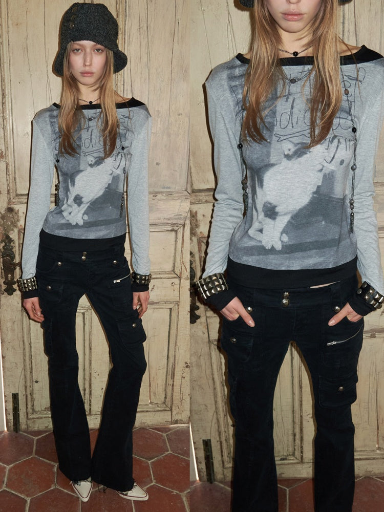 Cat & Dog Love One-Word Collar Faux Layered Printed T-shirt【s0000015646】