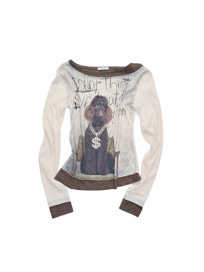 Cat & Dog Love One-Word Collar Faux Layered Printed T-shirt【s0000015646】