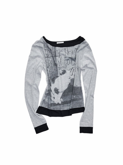 Cat & Dog Love One-Word Collar Faux Layered Printed T-shirt【s0000015646】