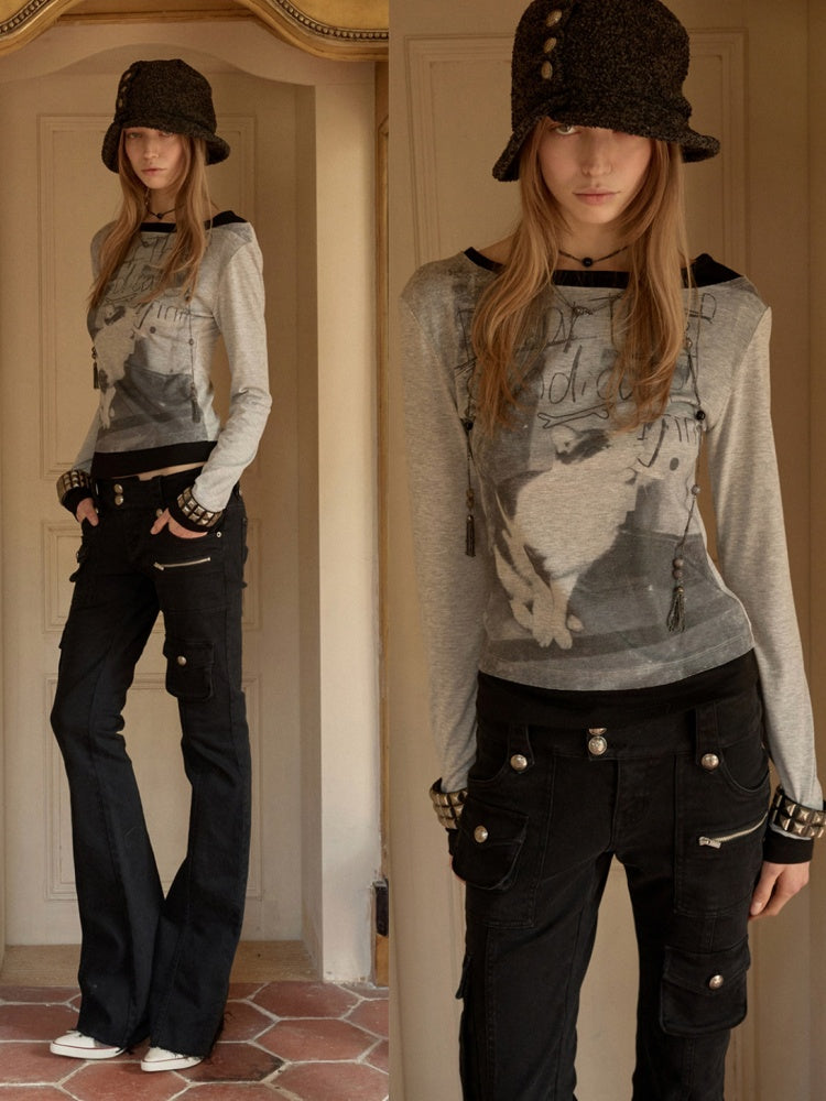 Cat & Dog Love One-Word Collar Faux Layered Printed T-shirt【s0000015646】