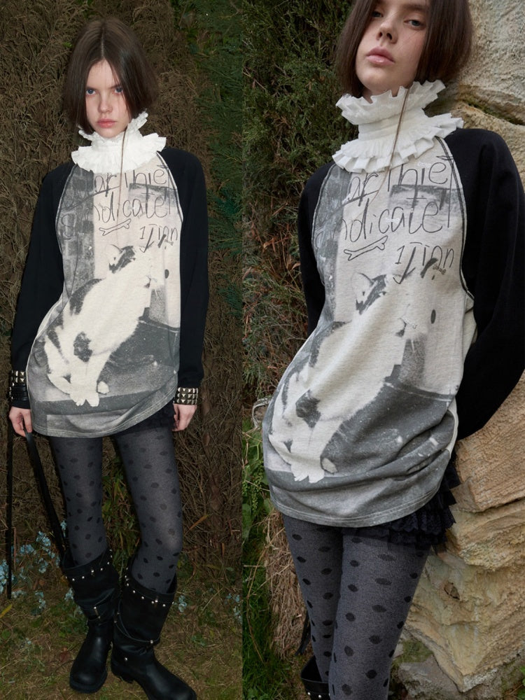 Cat & Dog Love Bone Rhinestone Raglan Sleeve T-Shirt【s0000015654】