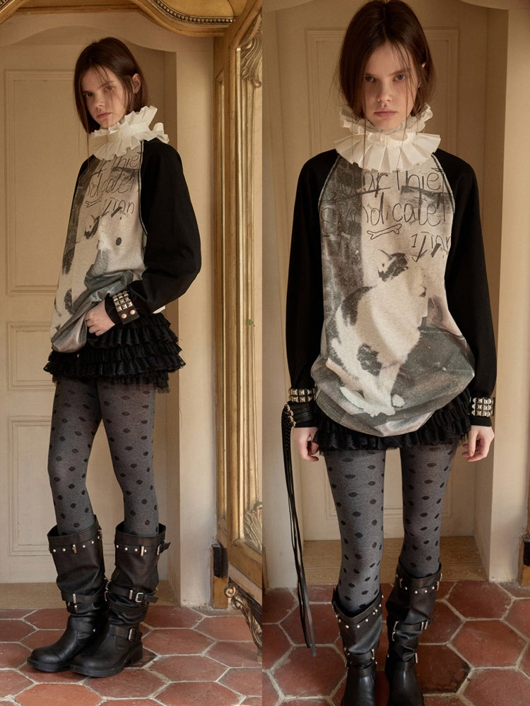 Cat & Dog Love Bone Rhinestone Raglan Sleeve T-Shirt【s0000015654】