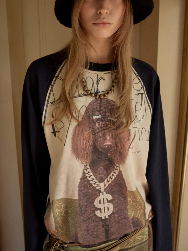 Cat & Dog Love Bone Rhinestone Raglan Sleeve T-Shirt【s0000015654】
