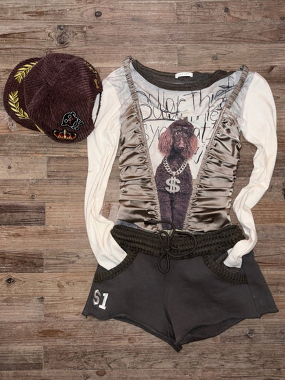 Cat & Dog Love Satin Knitted Fishbone Stitched Corset Inner Slim Short Suspender Top【s0000015655】