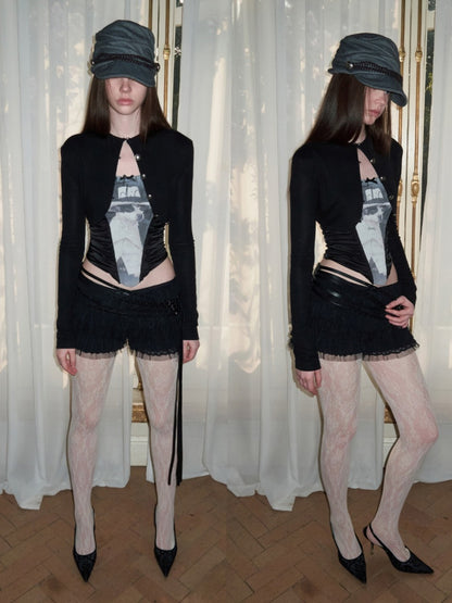 Cat & Dog Love Satin Knitted Fishbone Stitched Corset Inner Slim Short Suspender Top【s0000015655】