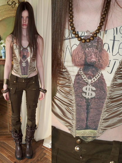 Cat & Dog Love Satin Knitted Fishbone Stitched Corset Inner Slim Short Suspender Top【s0000015655】
