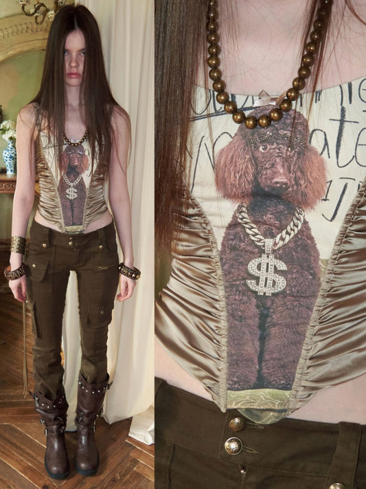 Cat & Dog Love Satin Knitted Fishbone Stitched Corset Inner Slim Short Suspender Top【s0000015655】