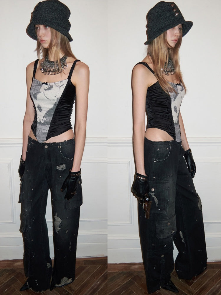 Cat & Dog Love Satin Knitted Fishbone Stitched Corset Inner Slim Short Suspender Top【s0000015655】