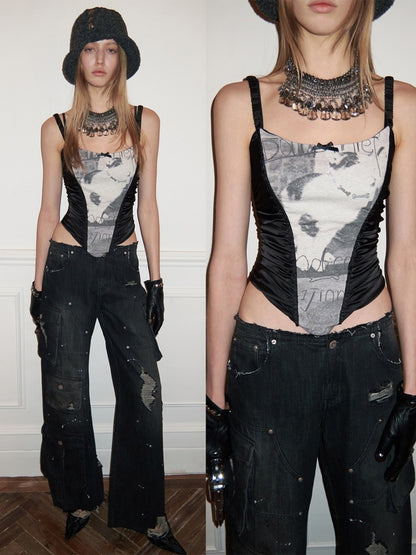 Cat & Dog Love Satin Knitted Fishbone Stitched Corset Inner Slim Short Suspender Top【s0000015655】