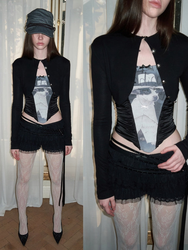 Cat & Dog Love Satin Knitted Fishbone Stitched Corset Inner Slim Short Suspender Top【s0000015655】