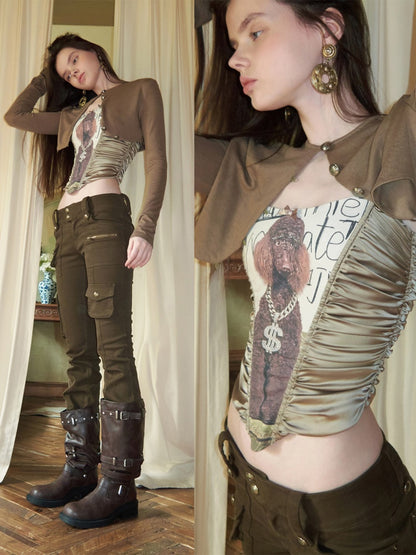 Cat & Dog Love Satin Knitted Fishbone Stitched Corset Inner Slim Short Suspender Top【s0000015655】