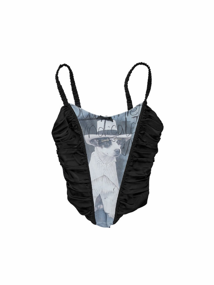 Cat & Dog Love Satin Knitted Fishbone Stitched Corset Inner Slim Short Suspender Top【s0000015655】