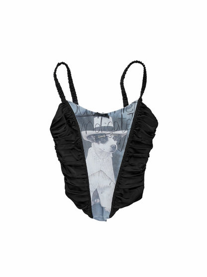 Cat & Dog Love Satin Knitted Fishbone Stitched Corset Inner Slim Short Suspender Top【s0000015655】