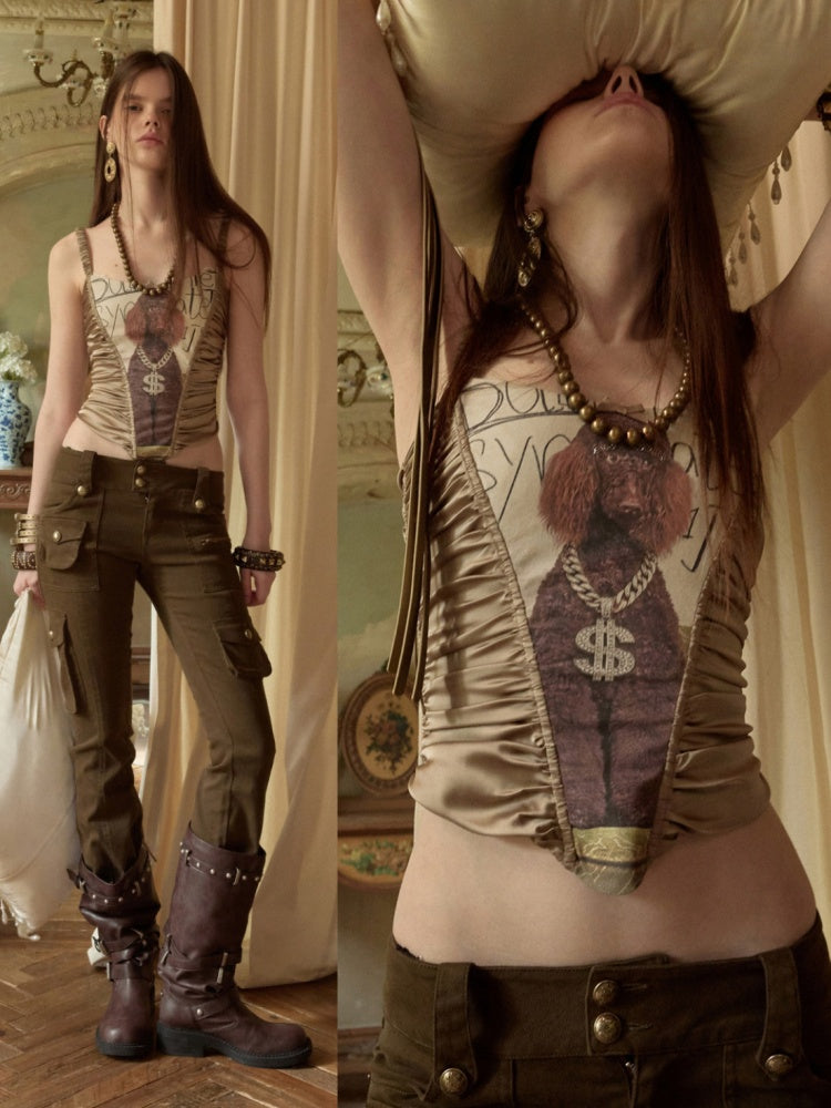 Cat & Dog Love Satin Knitted Fishbone Stitched Corset Inner Slim Short Suspender Top【s0000015655】