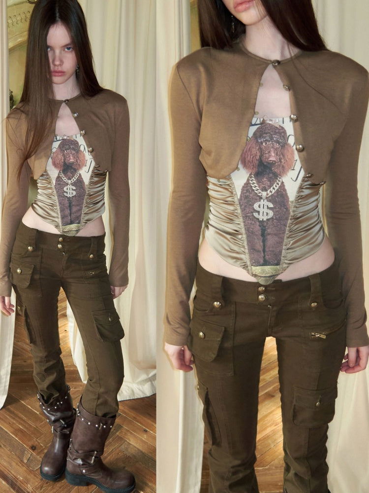 Cat & Dog Love Satin Knitted Fishbone Stitched Corset Inner Slim Short Suspender Top【s0000015655】