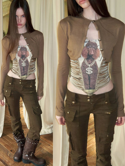 Cat & Dog Love Satin Knitted Fishbone Stitched Corset Inner Slim Short Suspender Top【s0000015655】