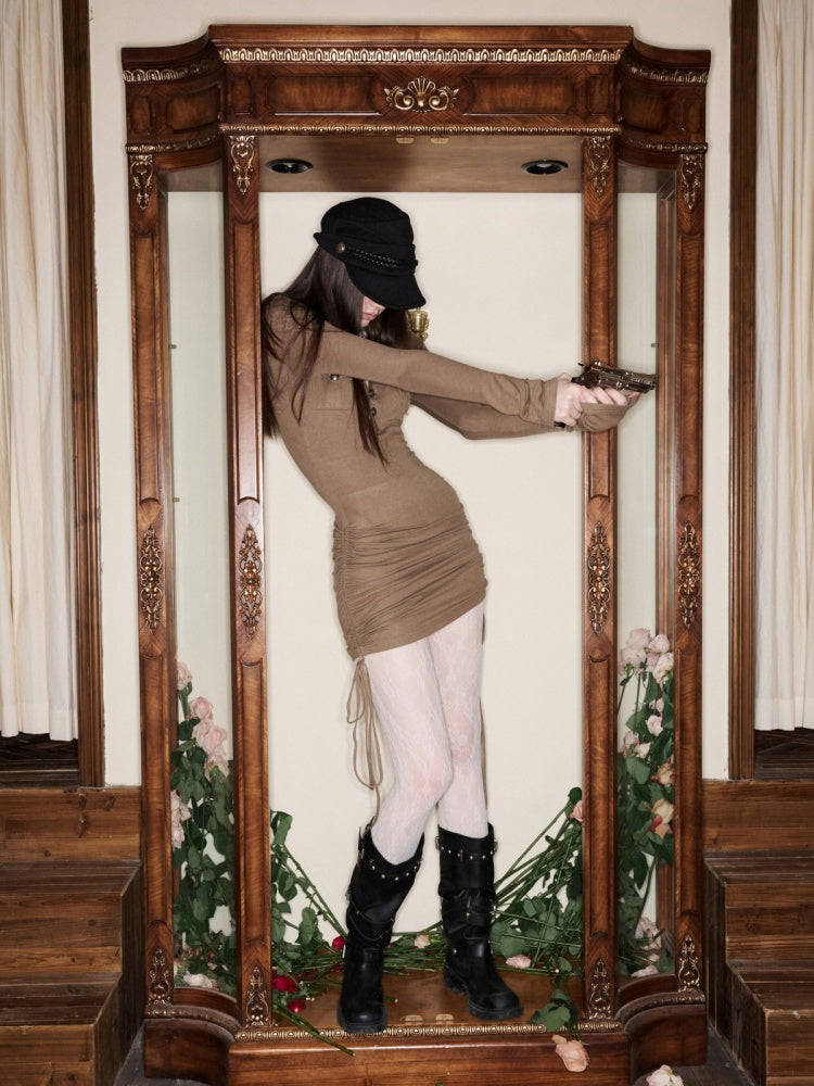 Small Pocket Henry Neck Long Sleeve Knit T-shirt/Drawstring Hip Hugging Dress【s0000015656】
