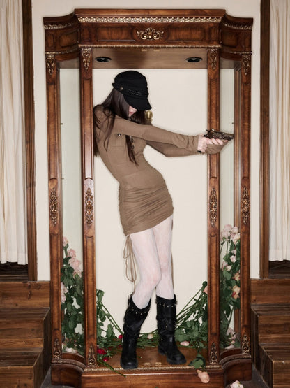 Small Pocket Henry Neck Long Sleeve Knit T-shirt/Drawstring Hip Hugging Dress【s0000015656】