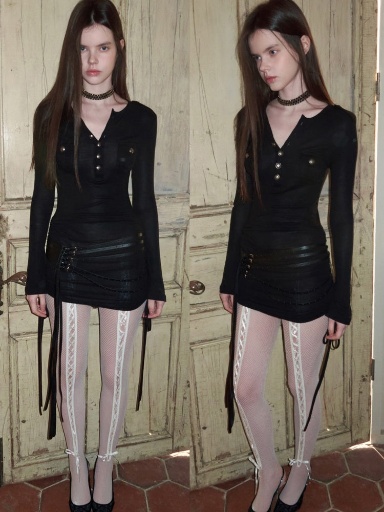Small Pocket Henry Neck Long Sleeve Knit T-shirt/Drawstring Hip Hugging Dress【s0000015656】