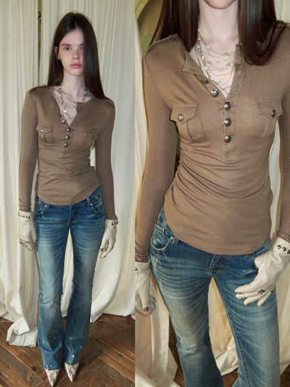 Small Pocket Henry Neck Long Sleeve Knit T-shirt/Drawstring Hip Hugging Dress【s0000015656】
