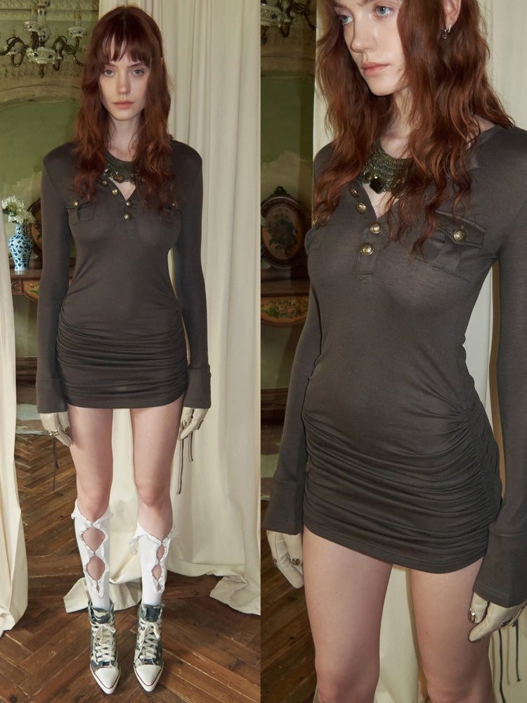 Small Pocket Henry Neck Long Sleeve Knit T-shirt/Drawstring Hip Hugging Dress【s0000015656】