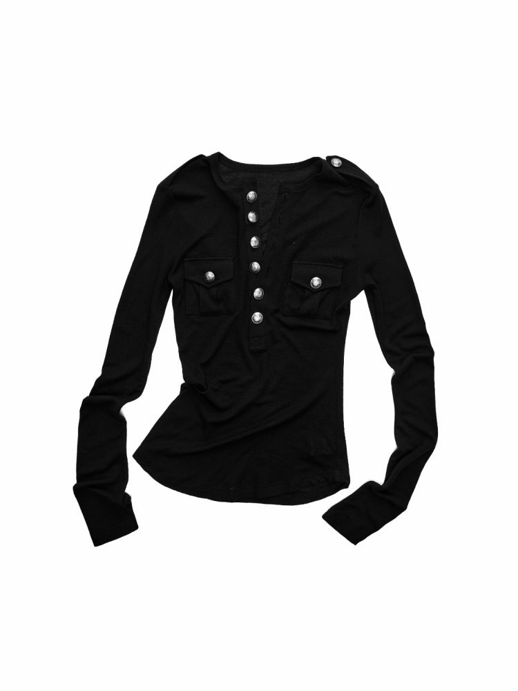 Small Pocket Henry Neck Long Sleeve Knit T-shirt/Drawstring Hip Hugging Dress【s0000015656】