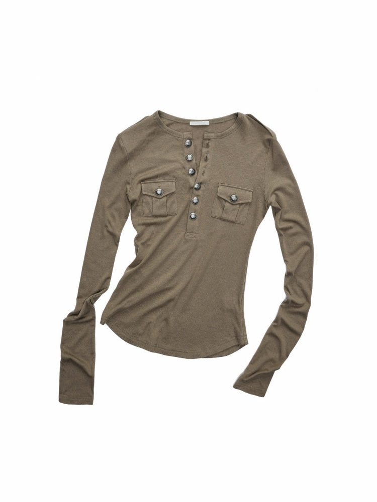 Small Pocket Henry Neck Long Sleeve Knit T-shirt/Drawstring Hip Hugging Dress【s0000015656】
